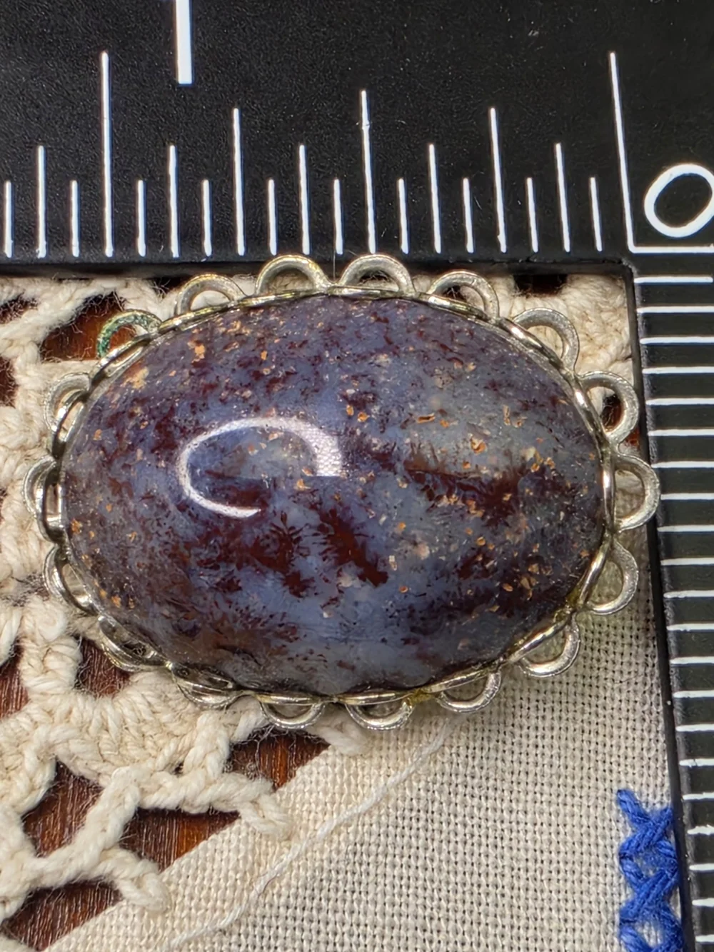 Little Vintage Blue-Gray Purple Agate Oval Cabochon Stone Brooch Pin